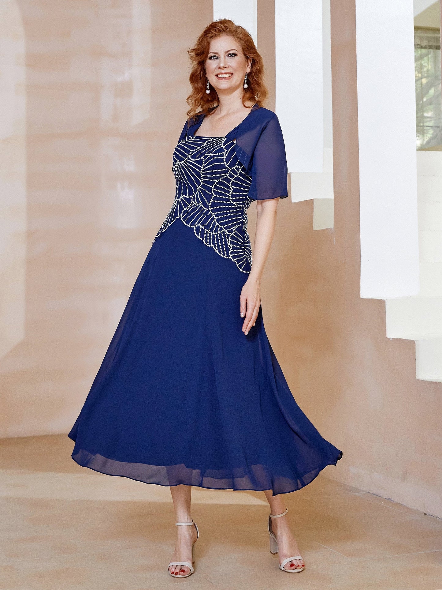 Square Neckline Beaded Chiffon A-line Dress Navy Blue