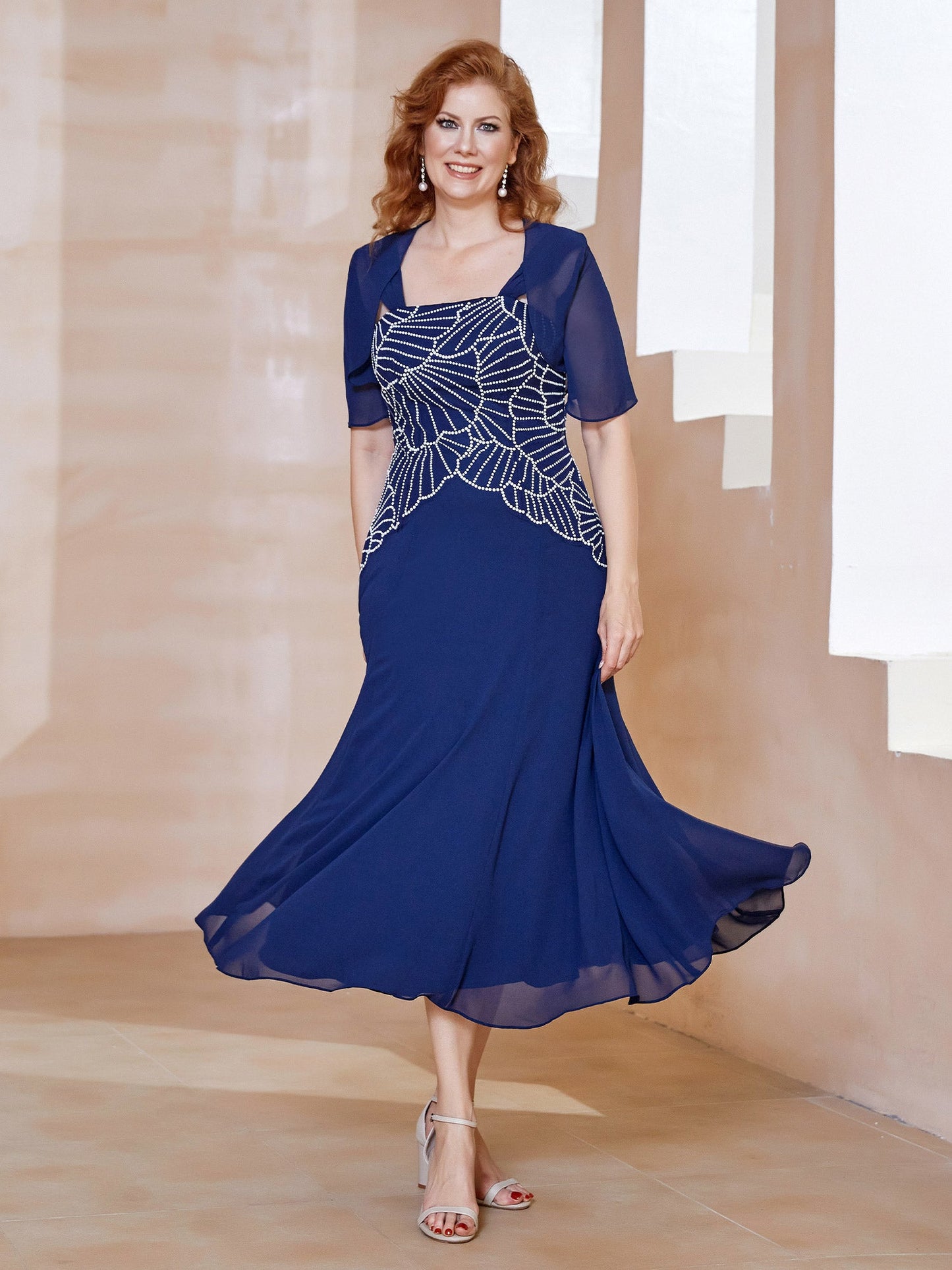 Square Neckline Beaded Chiffon A-line Dress Navy Blue