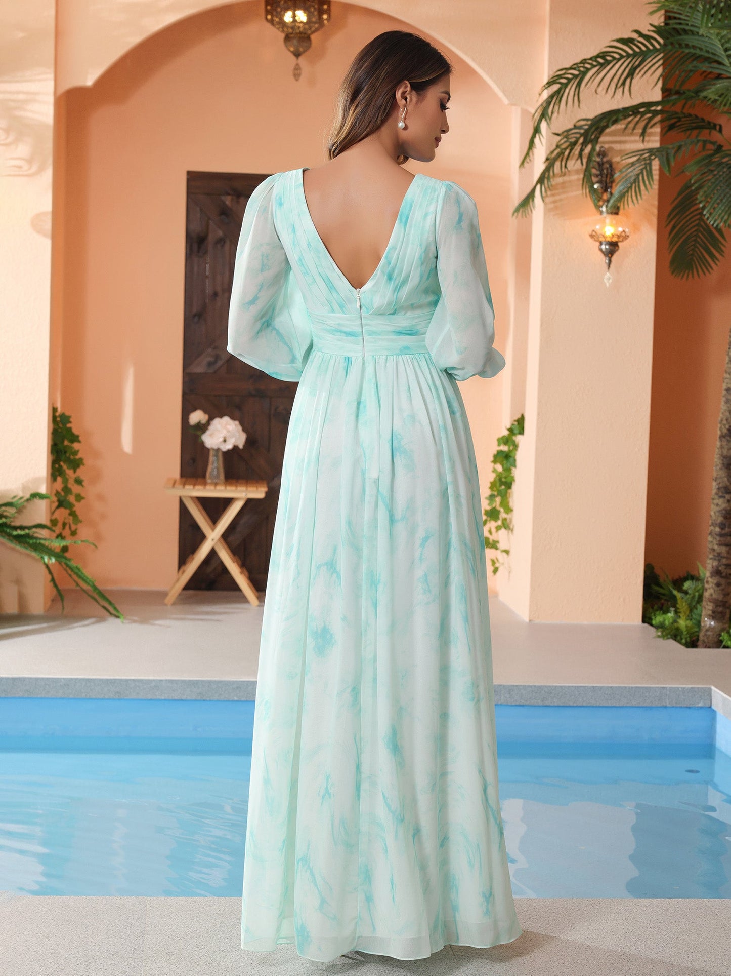 Plunging V-neck Floor-length Dress With Slit Minty Cloud