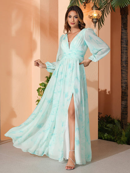 Plunging V-neck Floor-length Dress With Slit Minty Cloud