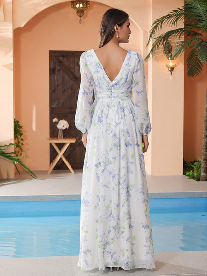 Lavender Floral Plunging V-neck Floor-length Dress With Slit