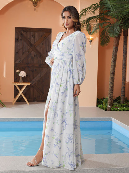 Lavender Floral Plunging V-neck Floor-length Dress With Slit
