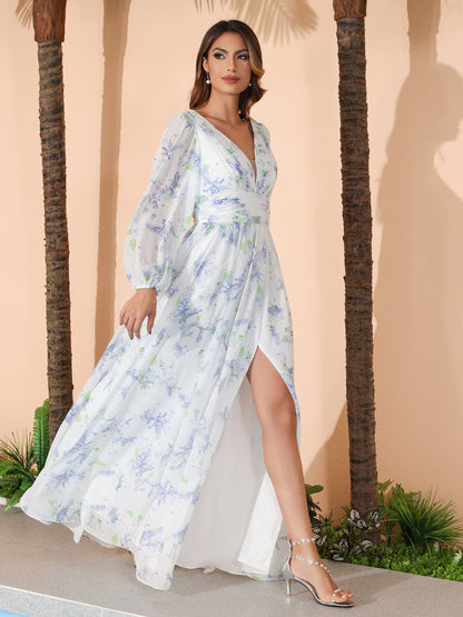 Lavender Floral Plunging V-neck Floor-length Dress With Slit