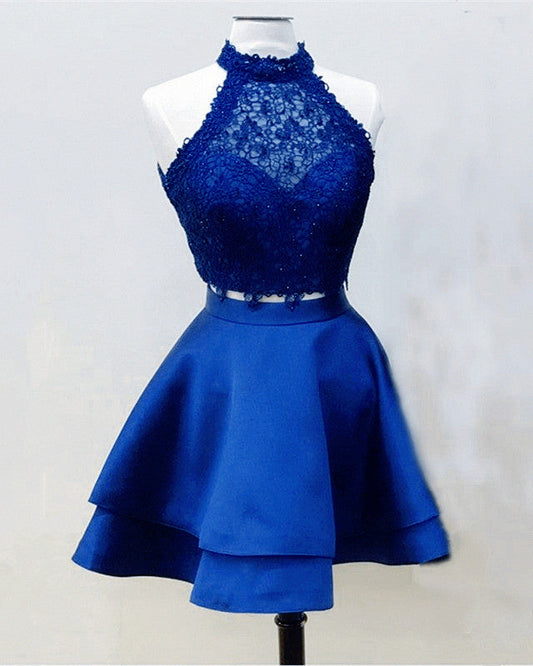 Halter Lace Crop Top Satin Homecoming Dresses Short Prom Dress Two Piece