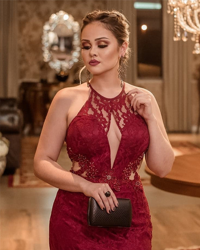 Halter Lace Mermaid Dresses Illusion Back
