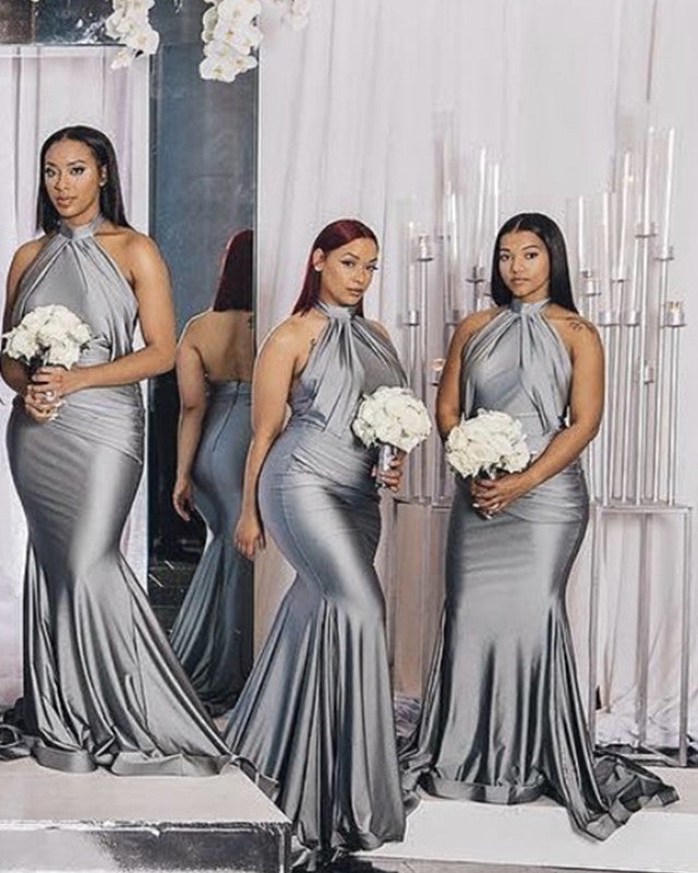 Long Satin Halter Mermaid Bridesmaid Dresses