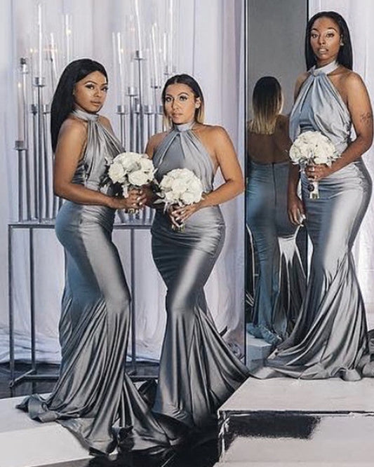 Long Satin Halter Mermaid Bridesmaid Dresses