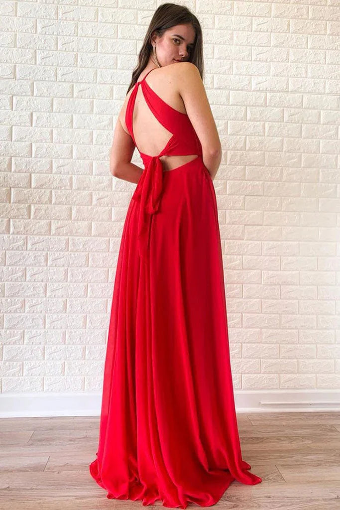 Aimishang Evening Dresses Open Back A Line Red Chiffon Sleeveless Prom Dresses