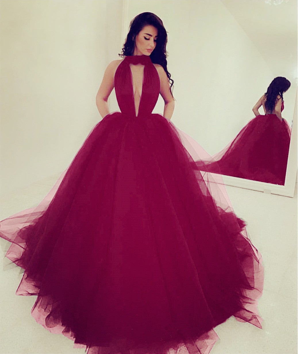 Halter Tulle Ball Gown Prom Dresses With Pockets