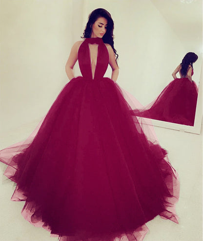 Halter Tulle Ball Gown Prom Dresses With Pockets