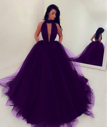 Halter Tulle Ball Gown Prom Dresses With Pockets