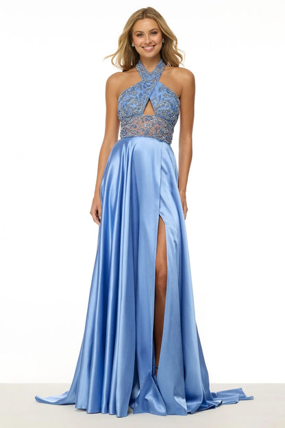 Halter Neck Crystal Beaded Cutout High Slit Lace-Up Back Sky Blue Satin A-Line Chapel Train Prom Dresses