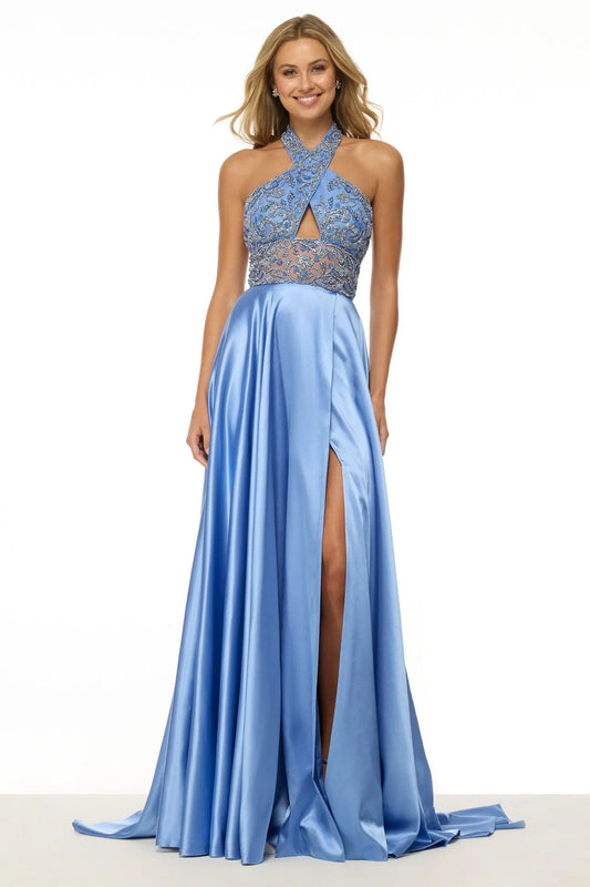 Halter Neck Crystal Beaded Cutout High Slit Lace-Up Back Sky Blue Satin A-Line Chapel Train Prom Dresses