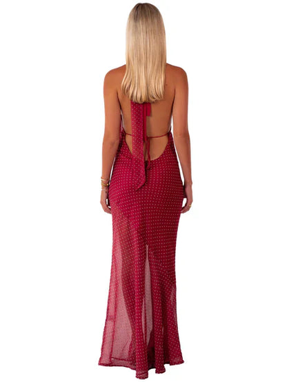Halter Neck High Collar Deep V Tie Back Polka Dot Sheer Burgundy Chiffon Mermaid Maxi Dress
