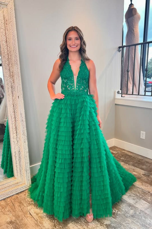Halter V Neck Ruffle Green Lace Long Prom Dress with High Slit, Green Lace Formal Dress, Green Evening Dress