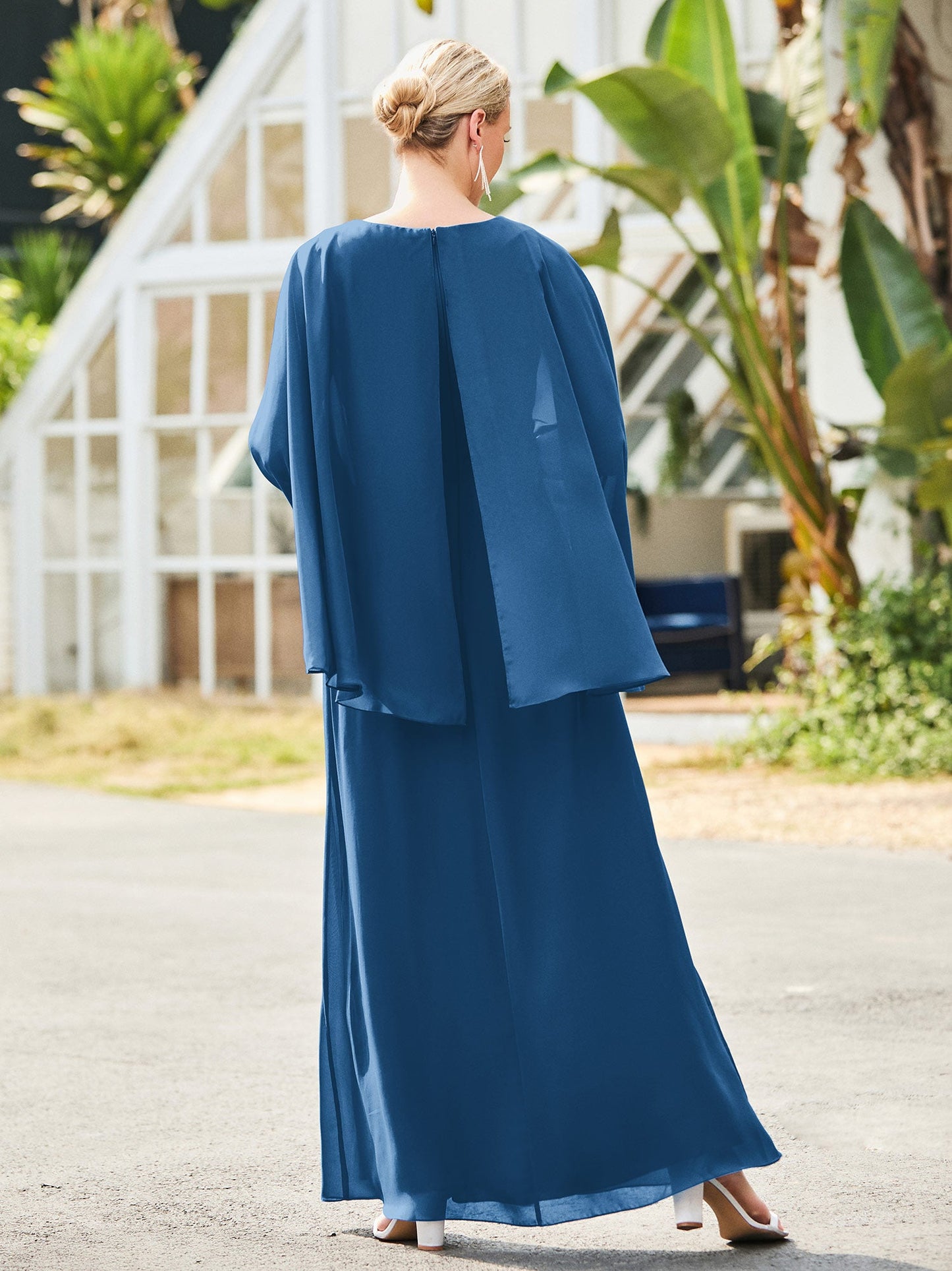A-line Chiffon Dress with Cape Ink Blue