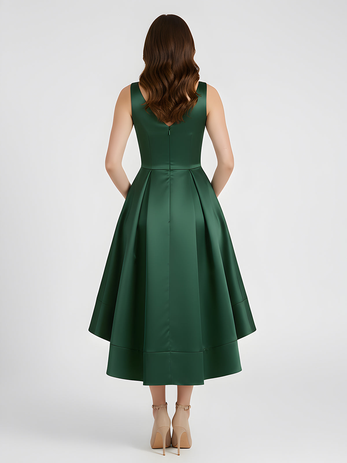 V-neck Satin High Low Bridesmaid Dresses-Dark Green