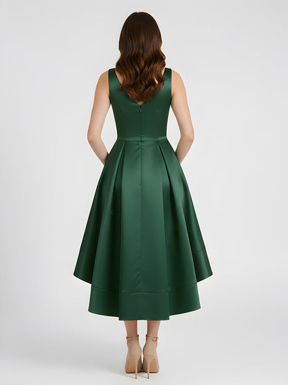 V-neck Satin High Low Bridesmaid Dresses-Dark Green