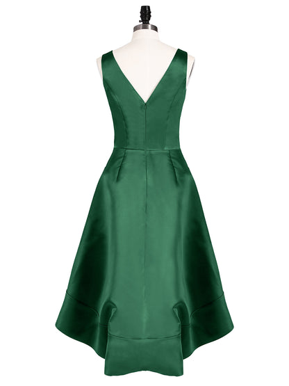 V-neck Satin High Low Bridesmaid Dresses-Dark Green