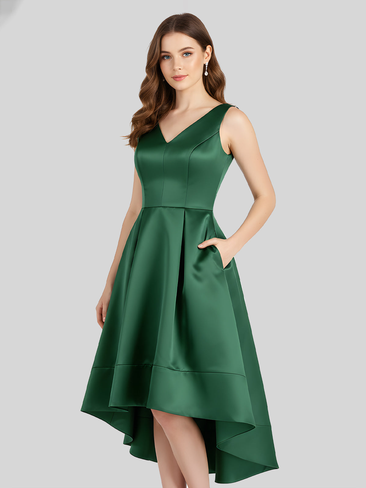 V-neck Satin High Low Bridesmaid Dresses-Dark Green
