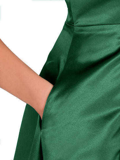 V-neck Satin High Low Bridesmaid Dresses-Dark Green