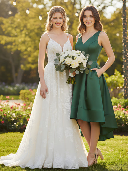 V-neck Satin High Low Bridesmaid Dresses-Dark Green