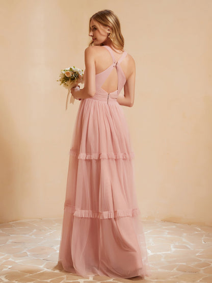 V-neck Pleated Ruffle Floor-length Tulle Dress Dusty Rose
