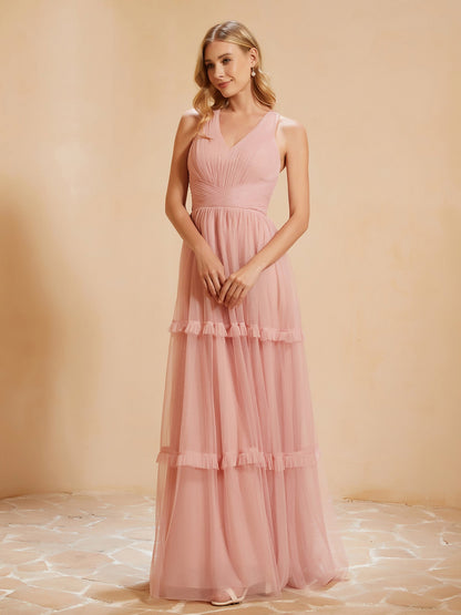 V-neck Pleated Ruffle Floor-length Tulle Dress Dusty Rose