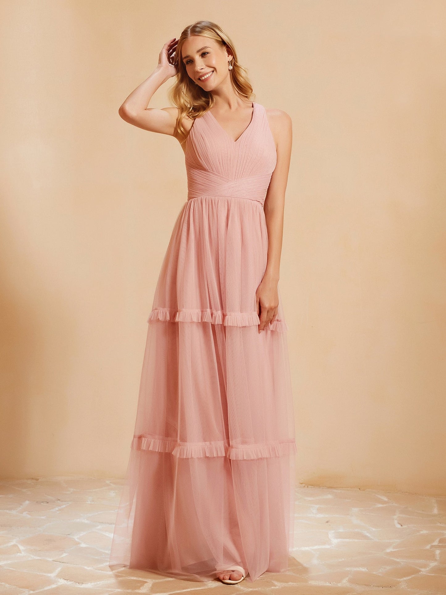 V-neck Pleated Ruffle Floor-length Tulle Dress Dusty Rose