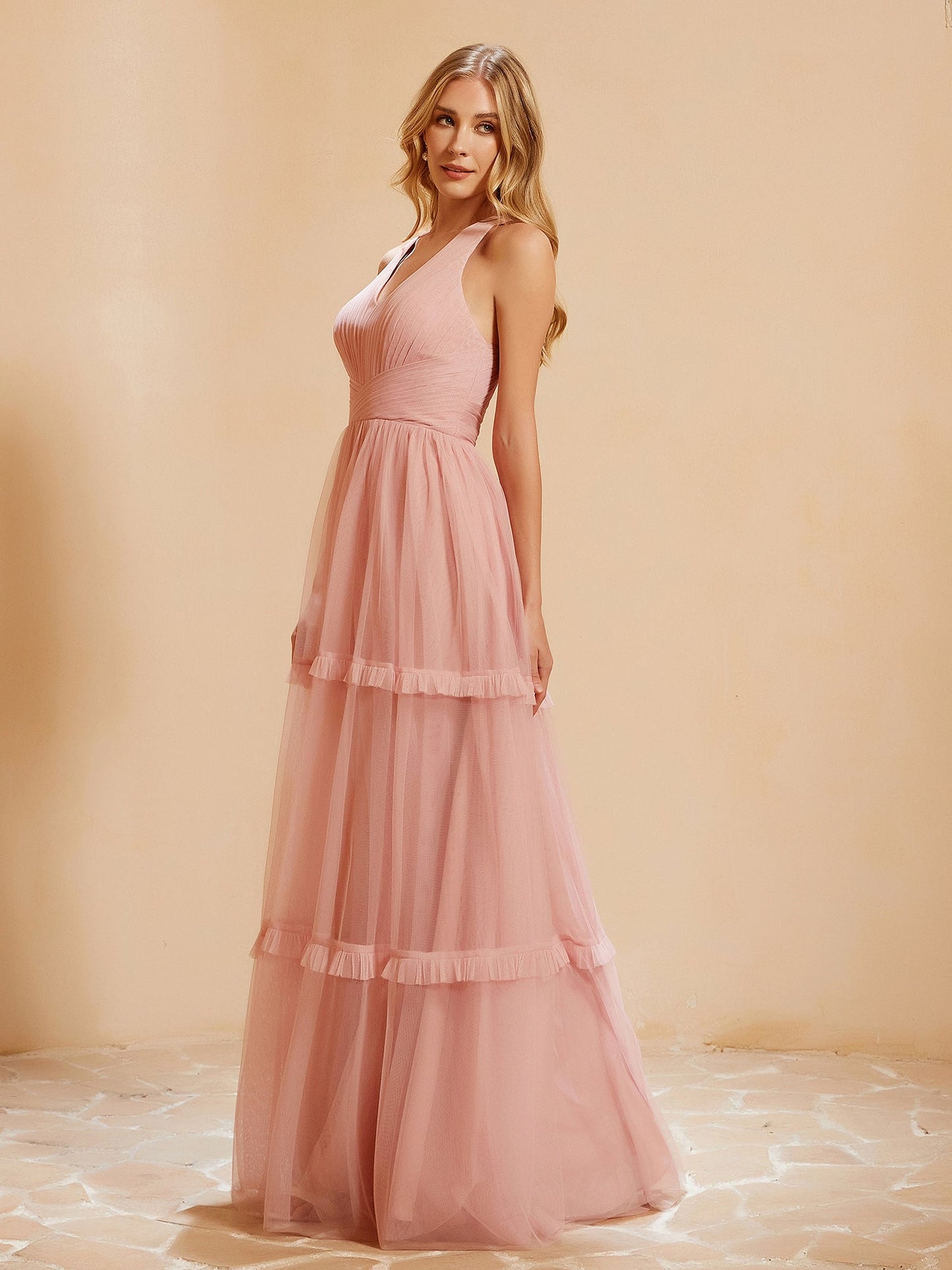 V-neck Pleated Ruffle Floor-length Tulle Dress Dusty Rose