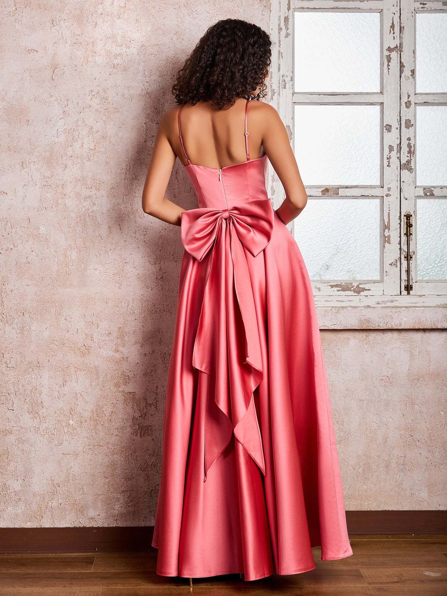 Square Neck Spaghetti Straps Satin Dresses with Bow Watermelon