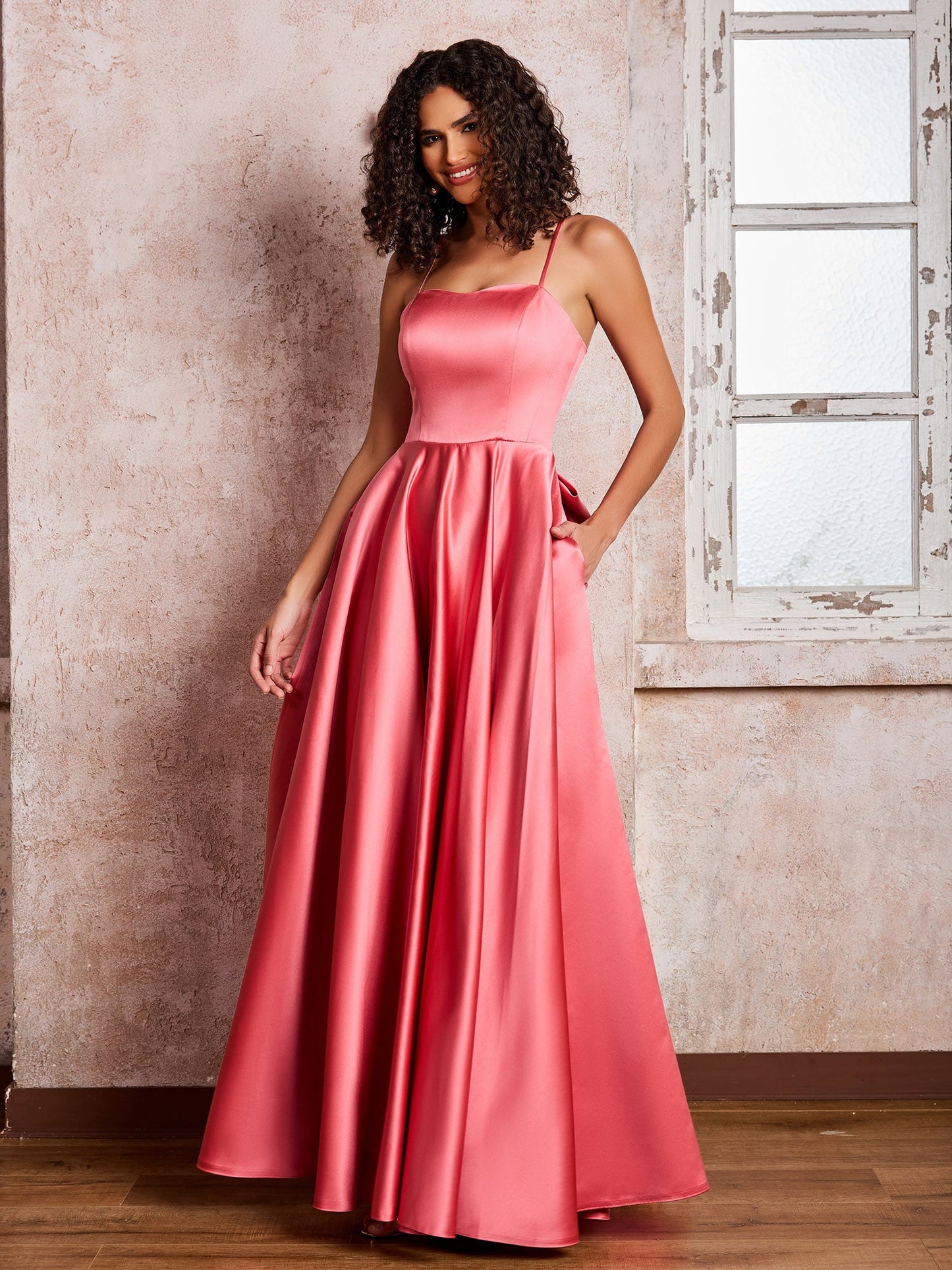 Square Neck Spaghetti Straps Satin Dresses with Bow Watermelon