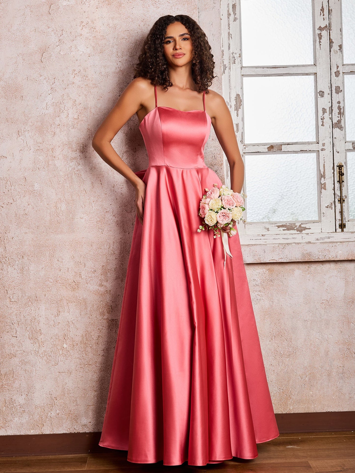 Square Neck Spaghetti Straps Satin Dresses with Bow Watermelon