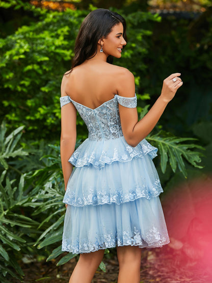 Sheer Corset Top Floral Tiered Short Prom Dress Sky Blue