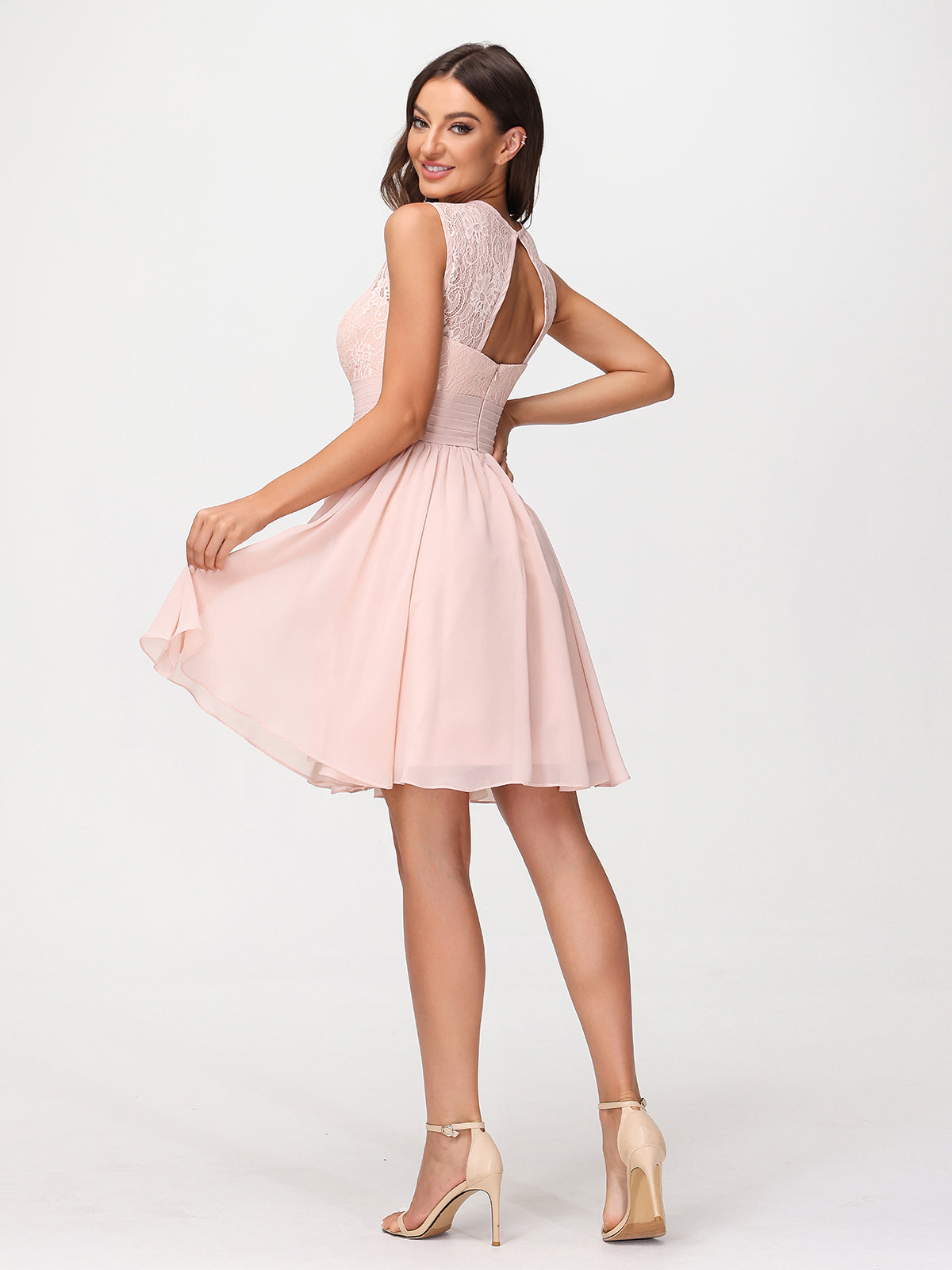 Illusion Neck Chiffon and Lace Dress-Pearl Pink