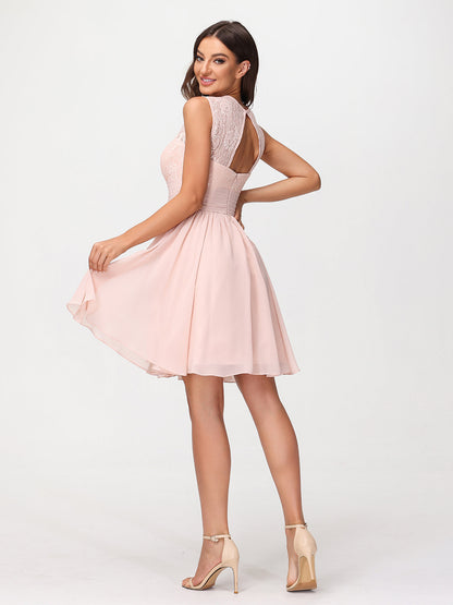 Illusion Neck Chiffon and Lace Dress-Pearl Pink