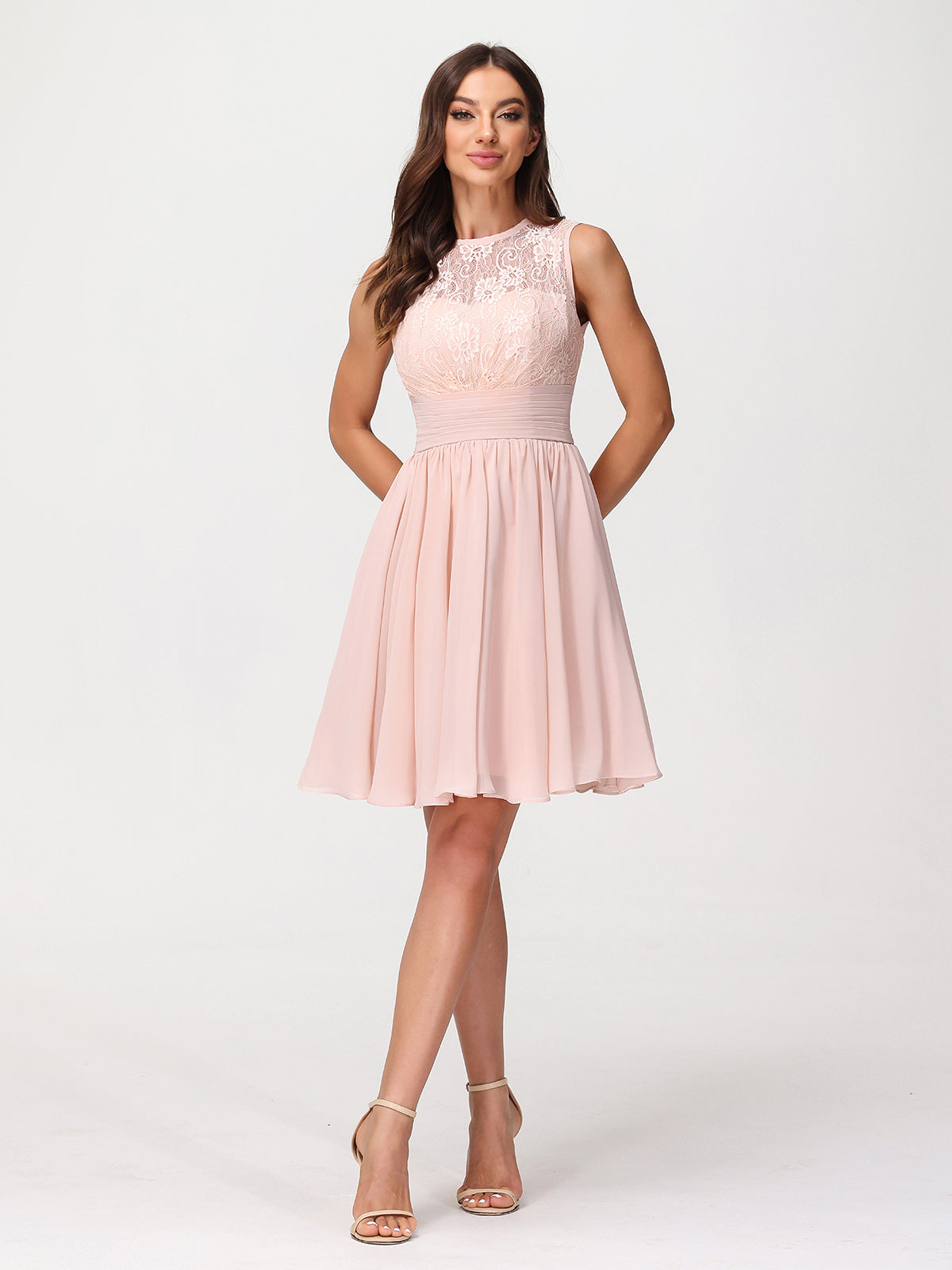 Illusion Neck Chiffon and Lace Dress-Pearl Pink