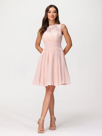 Illusion Neck Chiffon and Lace Dress-Pearl Pink