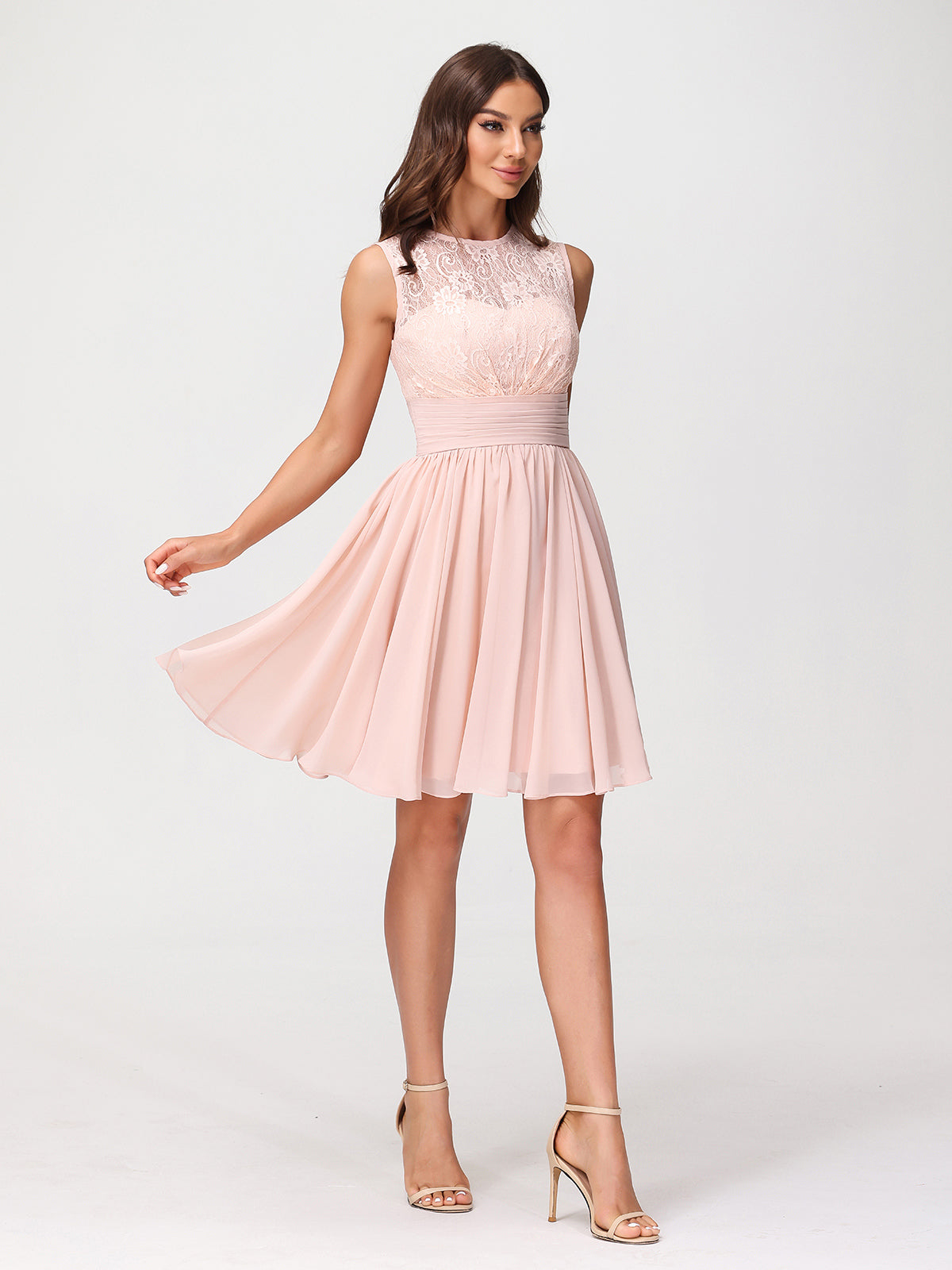 Illusion Neck Chiffon and Lace Dress-Pearl Pink