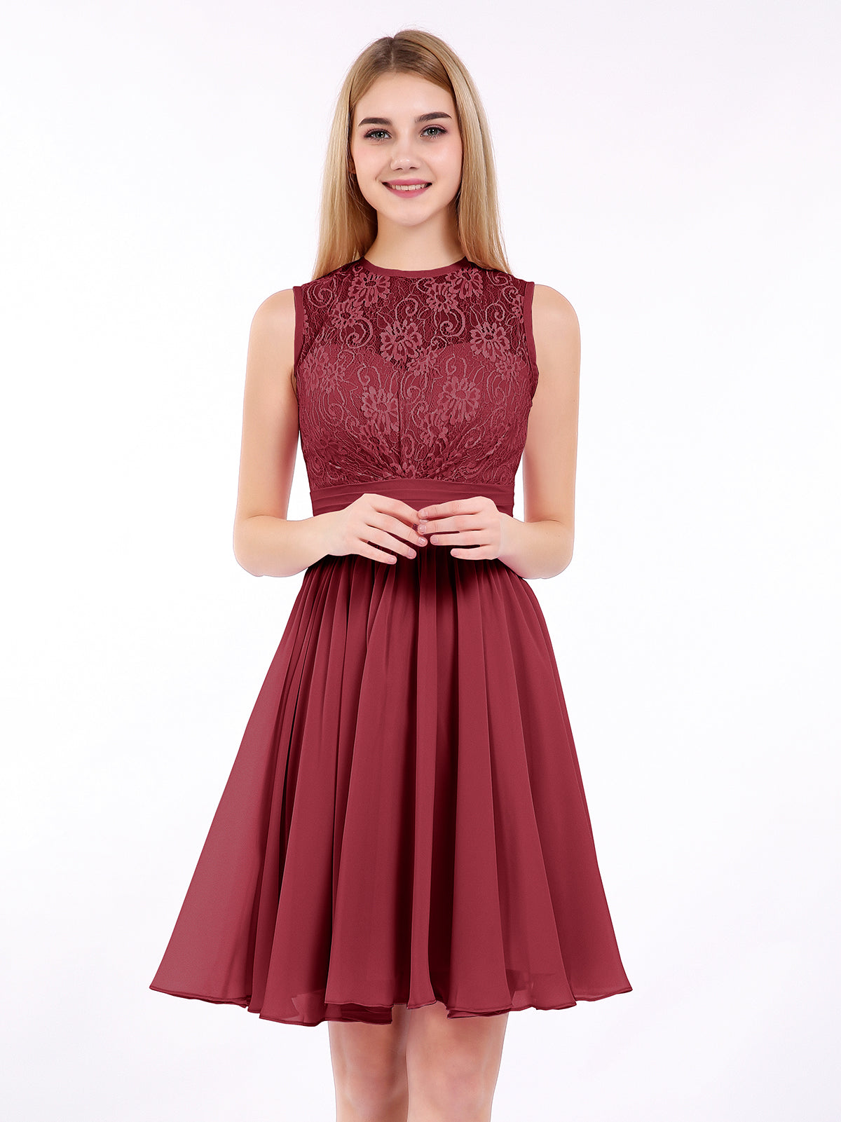 Illusion Neck Chiffon and Lace Dress-Burgundy