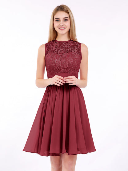 Illusion Neck Chiffon and Lace Dress-Burgundy