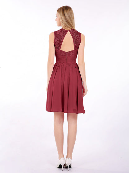 Illusion Neck Chiffon and Lace Dress-Burgundy