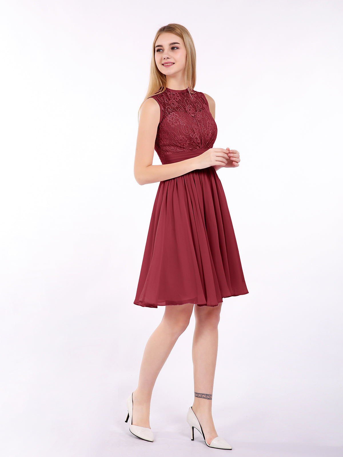 Illusion Neck Chiffon and Lace Dress-Burgundy