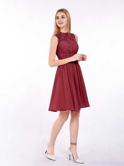 Illusion Neck Chiffon and Lace Dress-Burgundy
