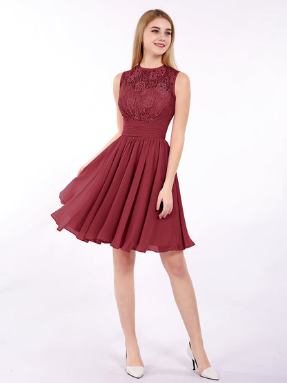 Illusion Neck Chiffon and Lace Dress-Burgundy