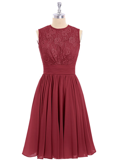 Illusion Neck Chiffon and Lace Dress-Burgundy