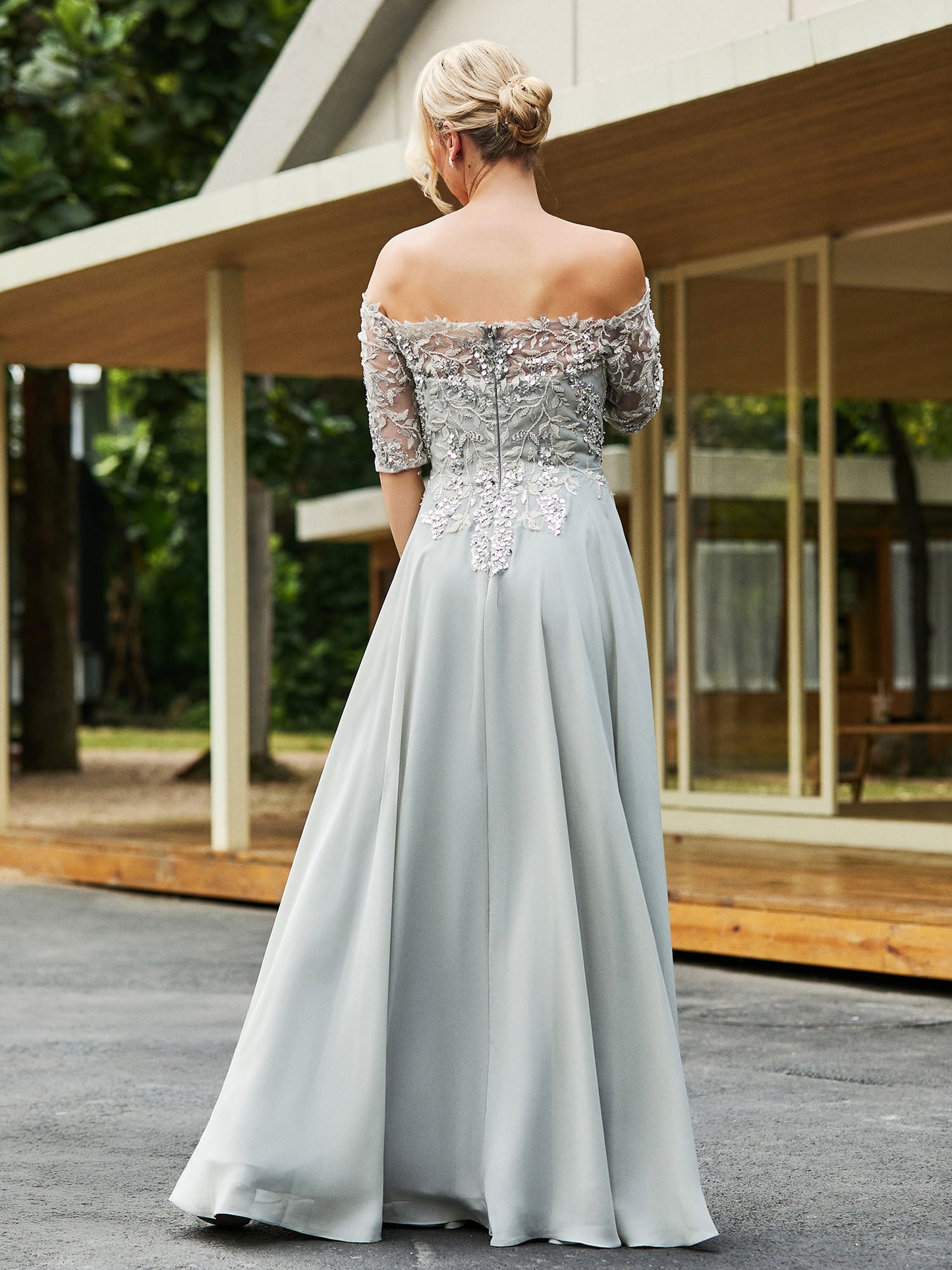 Flower Lace Sequin Appliqued Dress Silver