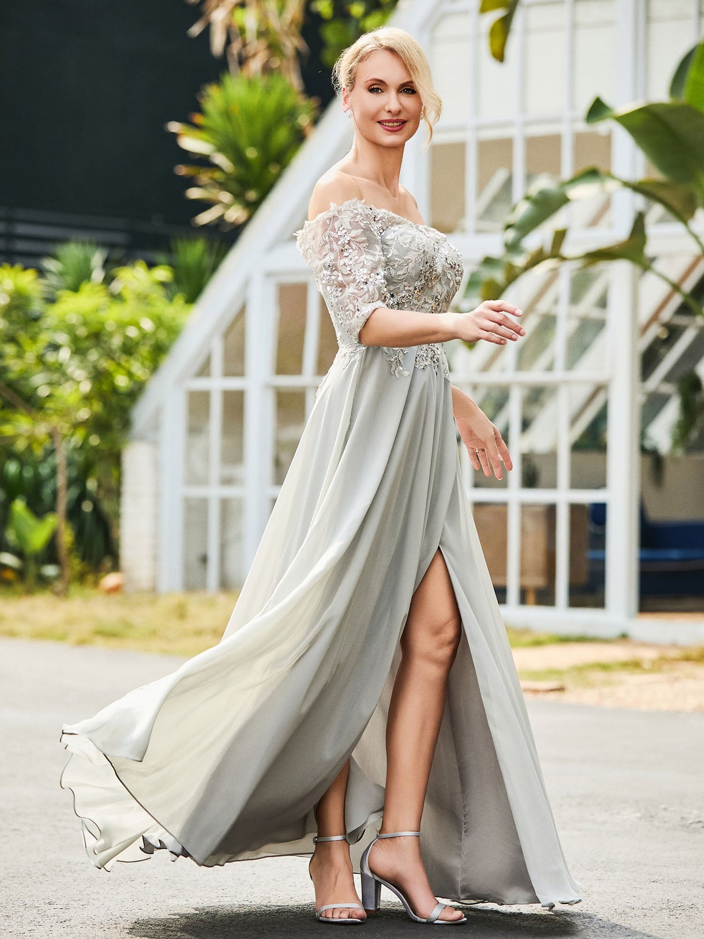 Flower Lace Sequin Appliqued Dress Silver