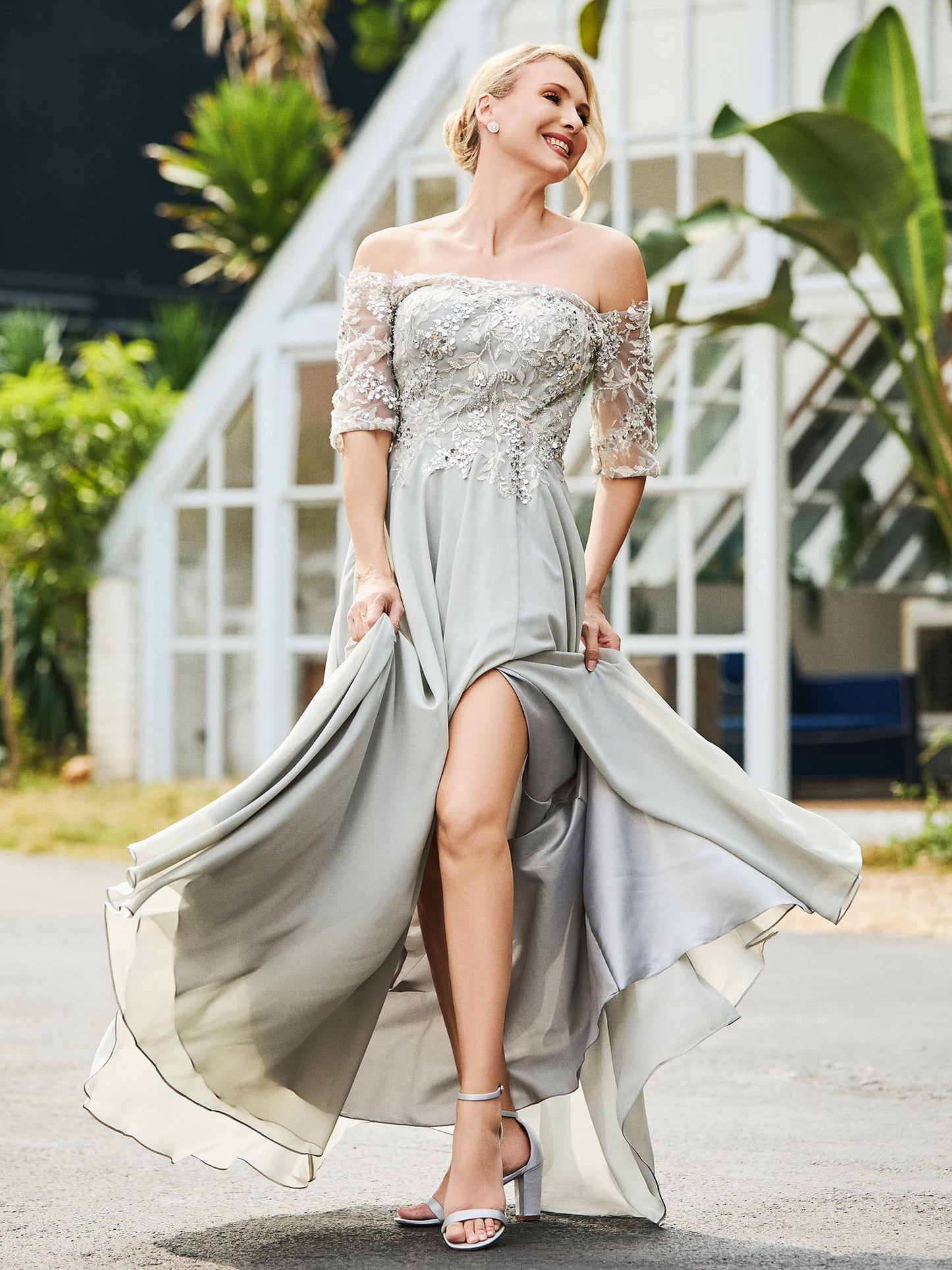 Flower Lace Sequin Appliqued Dress Silver