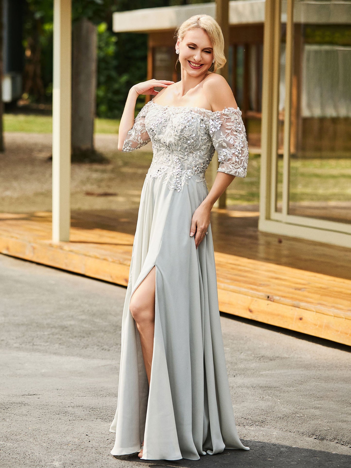 Flower Lace Sequin Appliqued Dress Silver